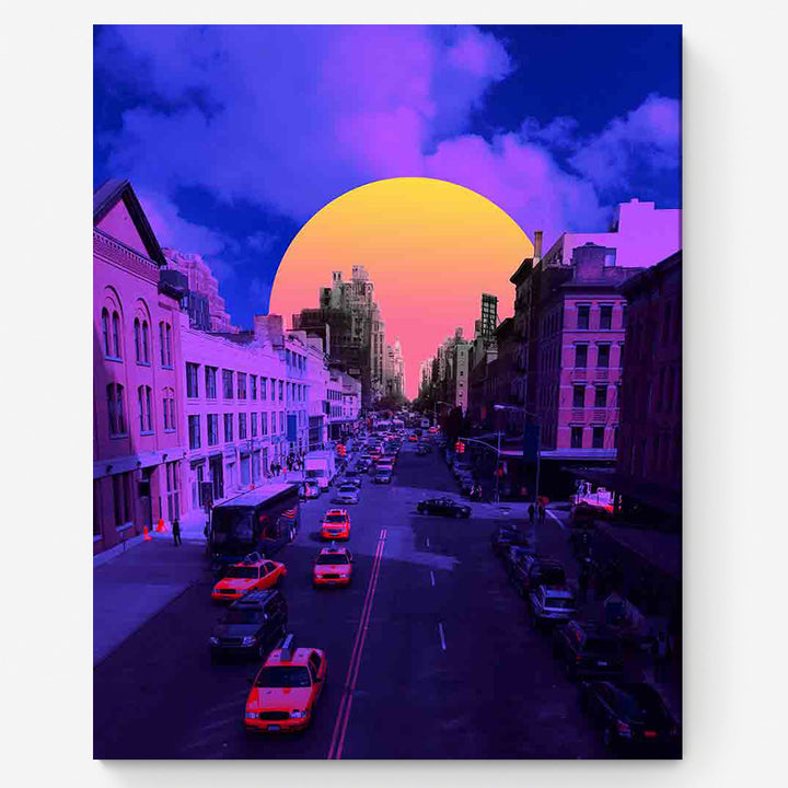 City in Purple Sunset