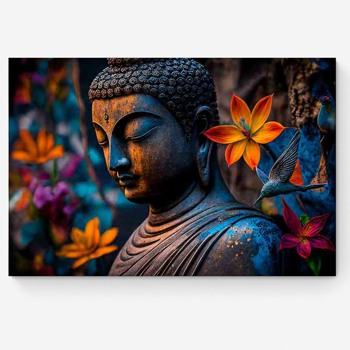 Buddha statue with colourful flowers