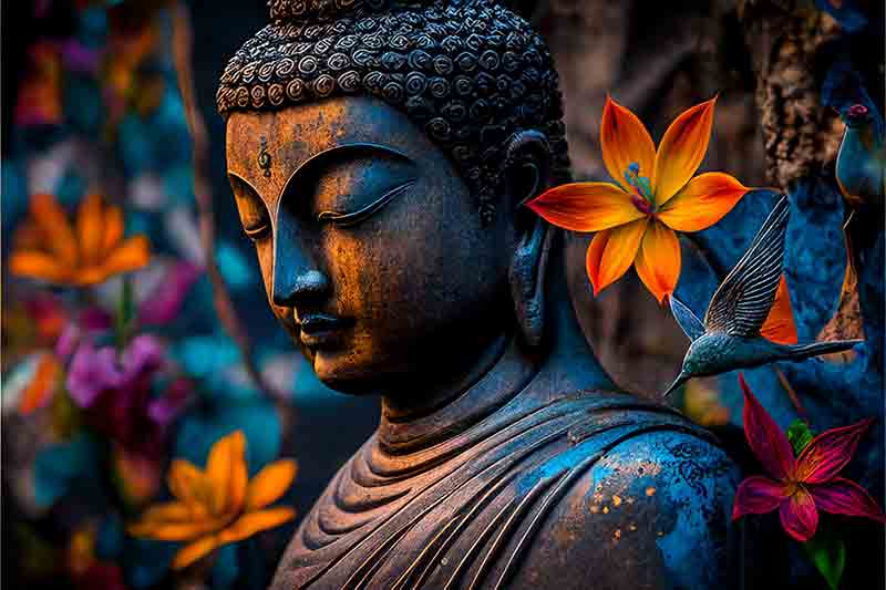 Buddha statue with colourful flowers