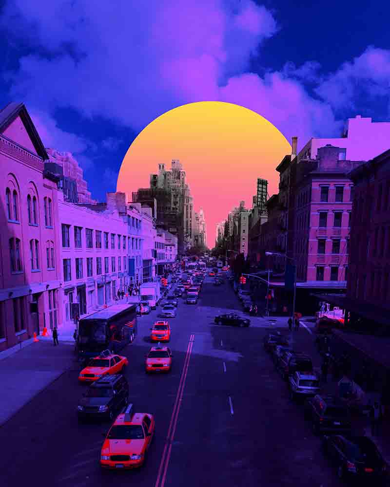 City in Purple Sunset