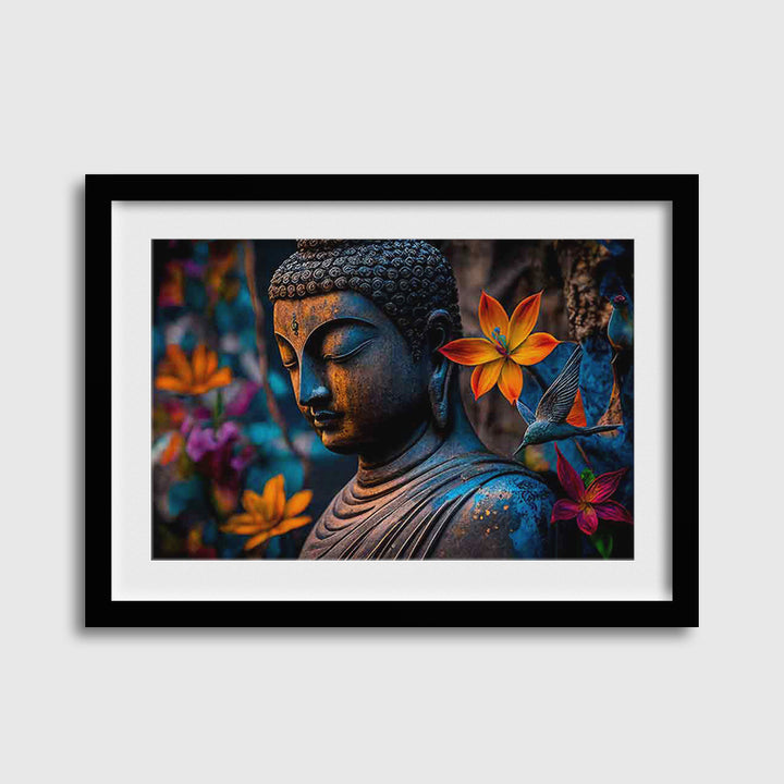 Buddha statue with colourful flowers