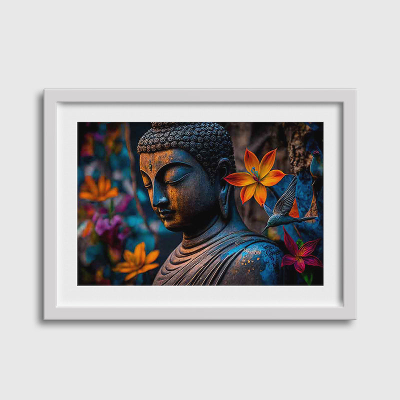 Buddha statue with colourful flowers