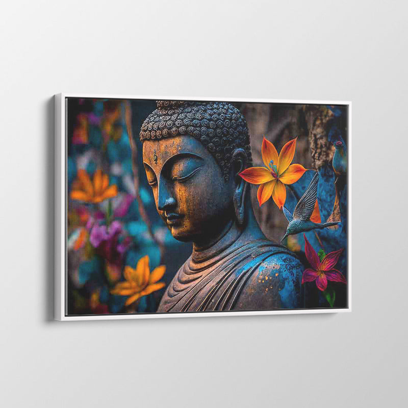 Buddha statue with colourful flowers