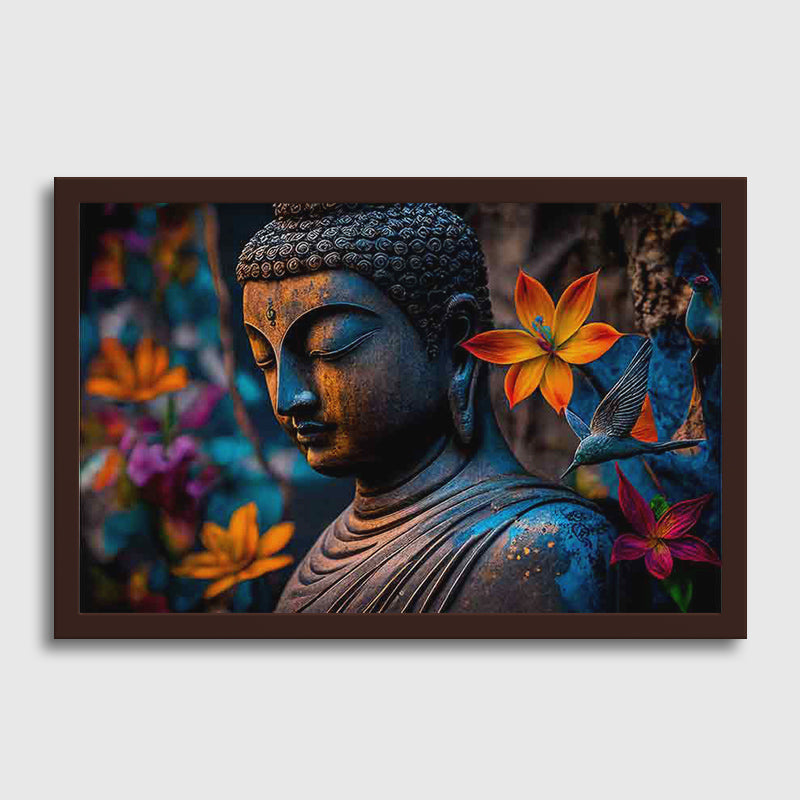 Buddha statue with colourful flowers