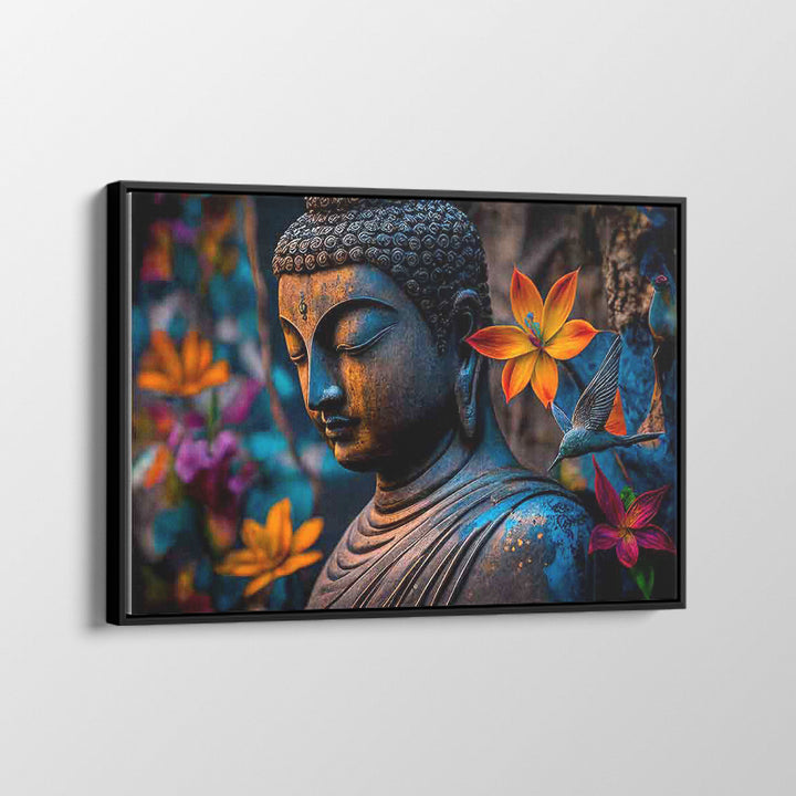 Buddha statue with colourful flowers