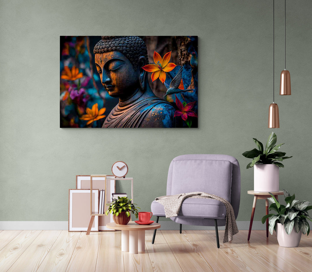 Buddha statue with colourful flowers