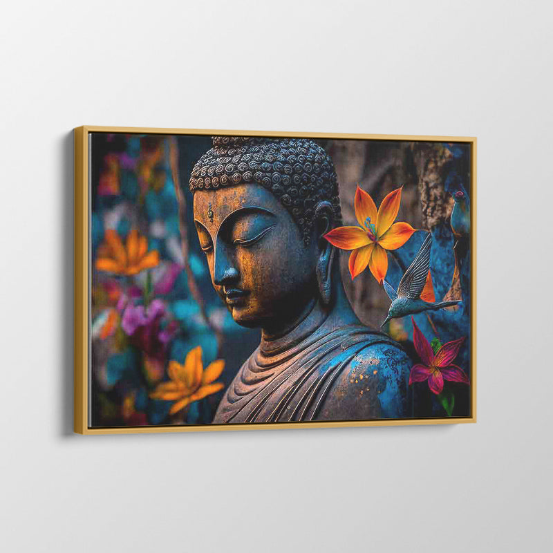 Buddha statue with colourful flowers