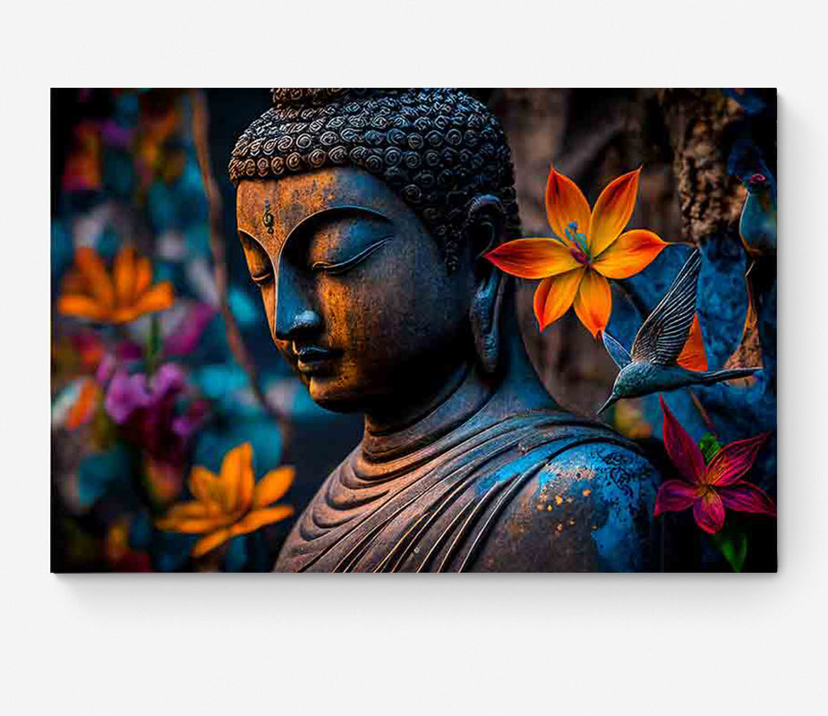 Buddha statue with colourful flowers