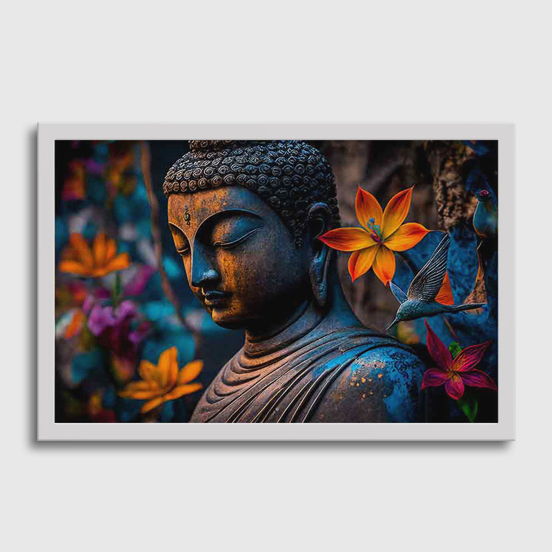 Buddha statue with colourful flowers